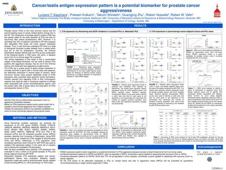 #4826 Cancer/testis antigen expression pattern is a potential biomarker for prostate cancer aggressiveness Luciane T. Kagohara1, Prakash Kulkarni1, Takumi.