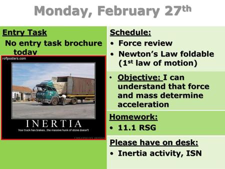 Monday, February 27th Entry Task No entry task brochure today