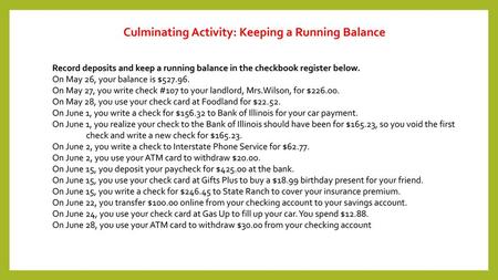 Culminating Activity: Keeping a Running Balance