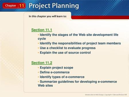 Section 11.1 Identify the stages of the Web site development life cycle Identify the responsibilities of project team members Use a checklist to evaluate.