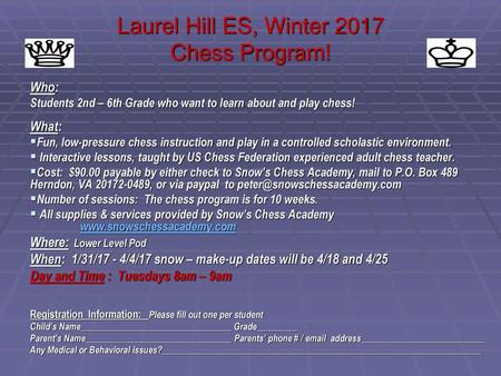 Laurel Hill ES, Winter 2017 Chess Program!
