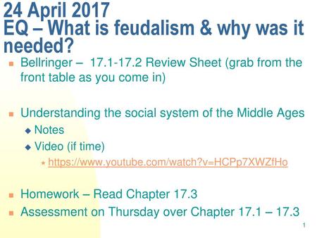 24 April 2017 EQ – What is feudalism & why was it needed?
