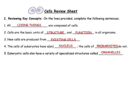 Cells Review Sheet I. Reviewing Key Concepts: On the lines provided, complete the following sentences. 1. All ____________________ are composed of cells.