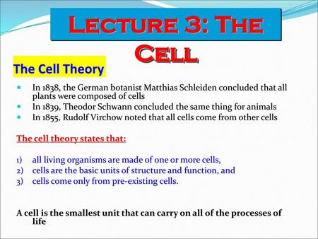 Lecture 3: The Cell The Cell Theory