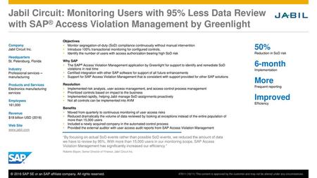 Jabil Circuit: Monitoring Users with 95% Less Data Review with SAP® Access Violation Management by Greenlight Objectives Monitor segregation-of-duty (SoD)