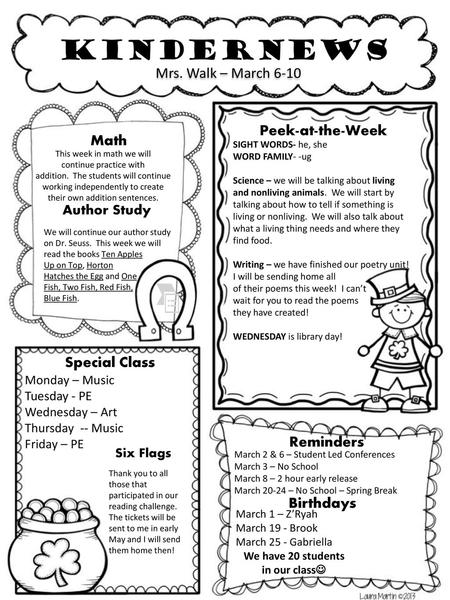 Kindernews Mrs. Walk – March 6-10 Peek-at-the-Week Math Special Class