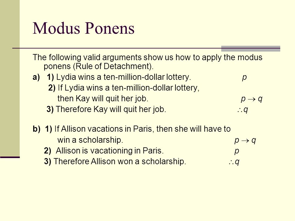 Modus Ponens The Following Valid Arguments Show Us How To Apply The Modus Ponens Rule Of Detachment A 1 Lydia Wins A Ten Million Dollar Lottery Ppt Video Online Download
