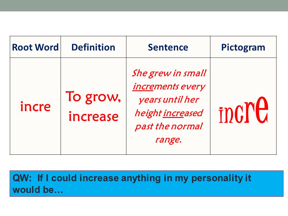 Root WordDefinitionSentencePictogram incre To grow increase She