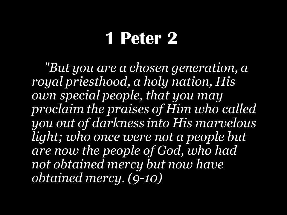 1 Peter 2 "But you are a chosen generation, a royal priesthood, a holy  nation, His own special people, that you may proclaim the praises of Him  who called. - ppt video online download