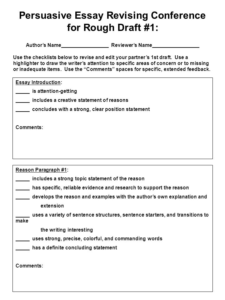 Persuasive Essay Revising Conference For Rough Draft 1 Author S Name Reviewer S Name Use The Checklists Below To Revise Ppt Download