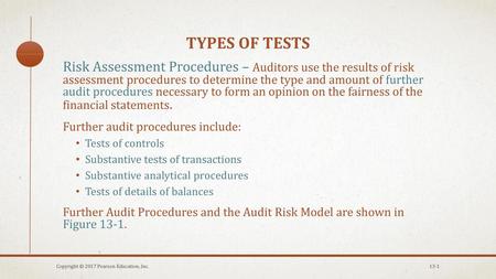 Types of tests Risk Assessment Procedures – Auditors use the results of risk assessment procedures to determine the type and amount of further audit.
