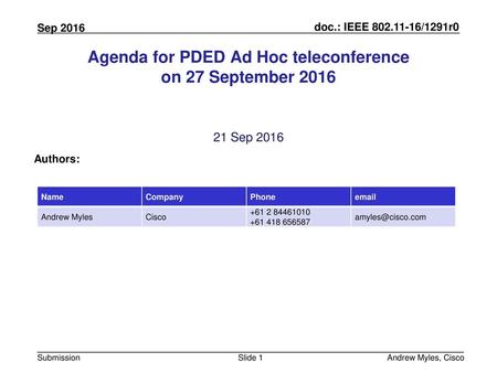 Agenda for PDED Ad Hoc teleconference on 27 September 2016