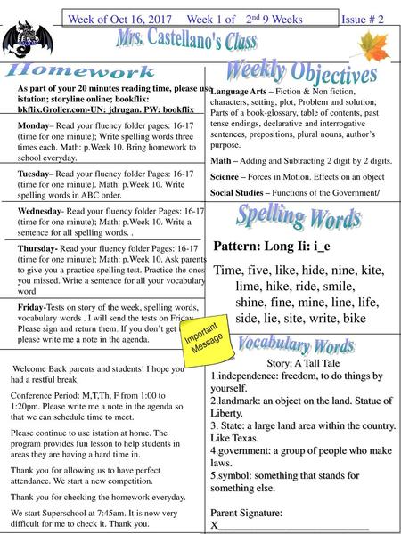 Weekly Objectives Homework Spelling Words