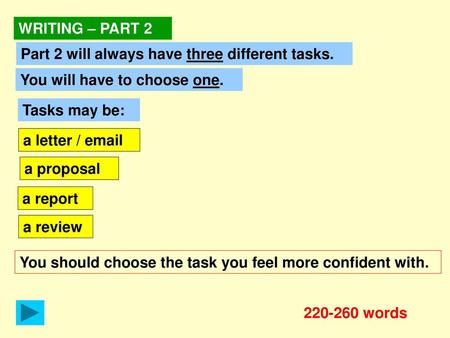 WRITING – PART 2 Part 2 will always have three different tasks.