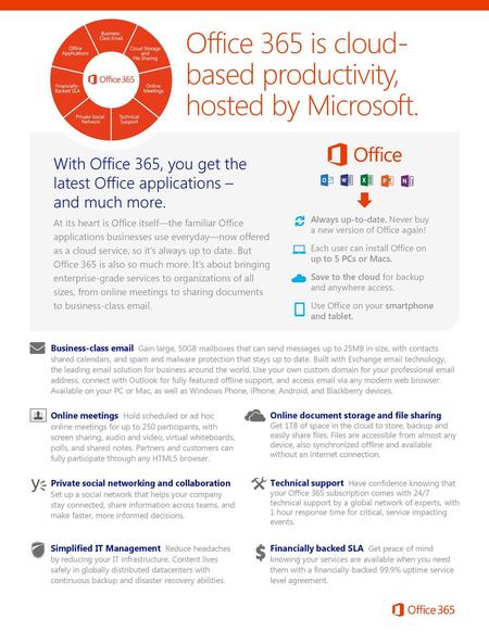 Office 365 is cloud-based productivity, hosted by Microsoft.
