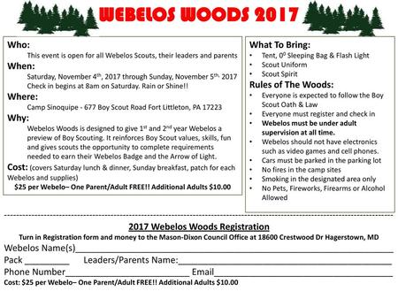 WEBELOS WOODS 2017 Who: When: Where: Why: