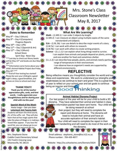 Mrs. Stone’s Class Classroom Newsletter May 8, 2017 REFLECTIVE