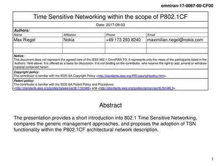 Time Sensitive Networking within the scope of P802.1CF
