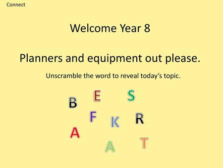 Welcome Year 8 Planners and equipment out please.
