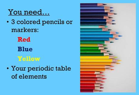 You need… 3 colored pencils or markers: Red Blue Yellow