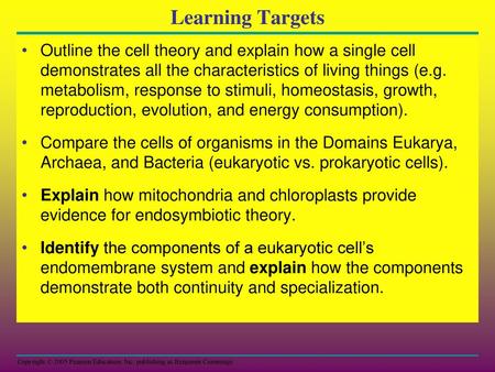 Learning Targets Outline the cell theory and explain how a single cell demonstrates all the characteristics of living things (e.g. metabolism, response.