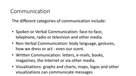 Communication The different categories of communication include: