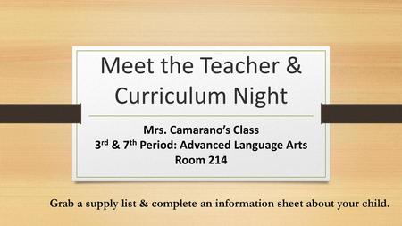 Meet the Teacher & Curriculum Night