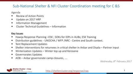 Sub-National Shelter & NFI Cluster Coordination meeting for C &S