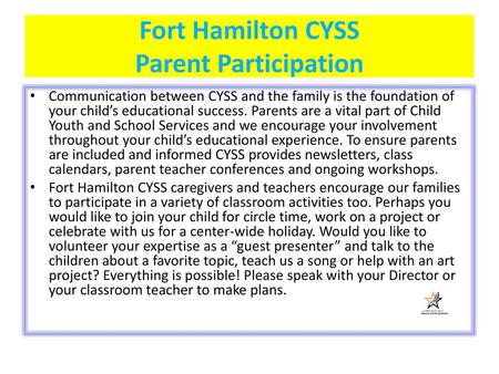 Fort Hamilton CYSS Parent Participation
