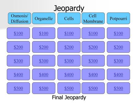 Jeopardy Final Jeopardy Osmosis/ Diffusion Organelle Cells Cell