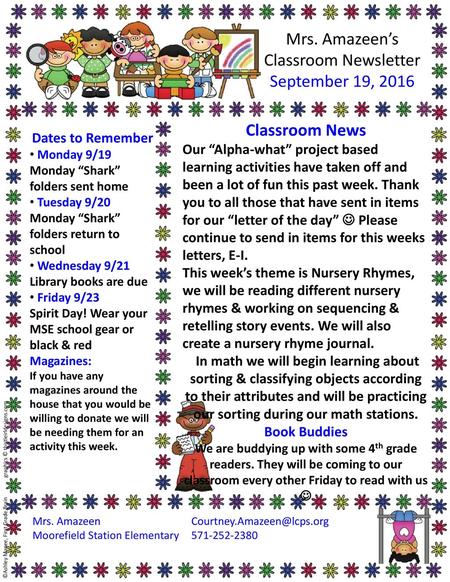 Mrs. Amazeen’s Classroom Newsletter September 19, 2016 Classroom News