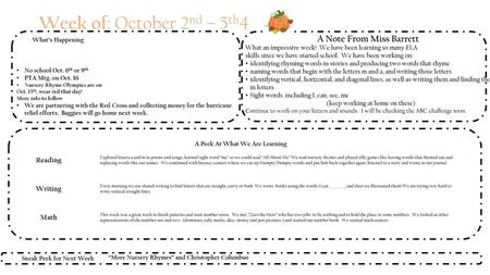 Our Classroom News Week of: October 2nd – 5th4