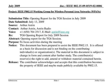 Submission Title: Opening Report for the TG6 Session in July 2009