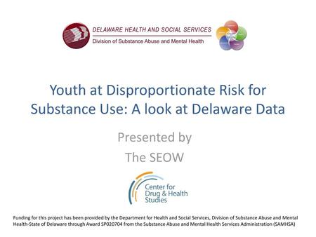 Youth at Disproportionate Risk for Substance Use: A look at Delaware Data Presented by The SEOW Funding for this project has been provided by the Department.