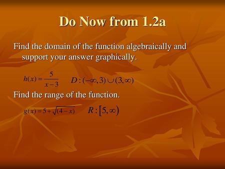 Do Now from 1.2a Find the domain of the function algebraically and support your answer graphically. Find the range of the function.