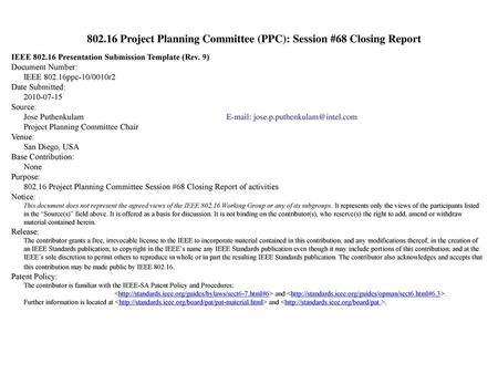 Project Planning Committee (PPC): Session #68 Closing Report