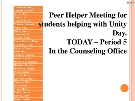 Peer Helper Meeting for students helping with Unity Day.