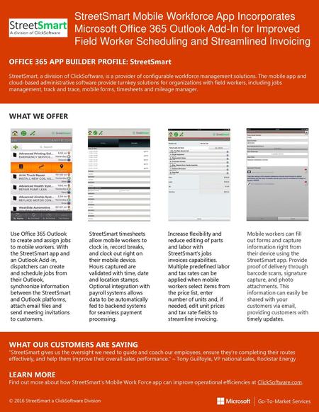 StreetSmart Mobile Workforce App Incorporates Microsoft Office 365 Outlook Add-In for Improved Field Worker Scheduling and Streamlined Invoicing OFFICE.