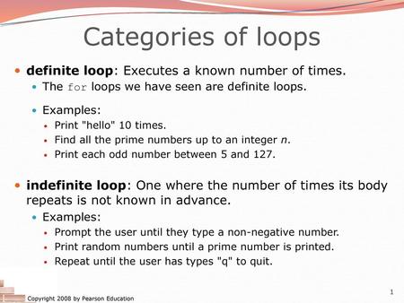Categories of loops definite loop: Executes a known number of times.