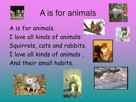 A is for animals A is for animals. I love all kinds of animals: