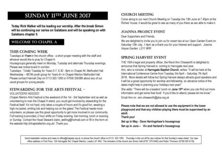 SUNDAY 11th June 2017 Church Meeting