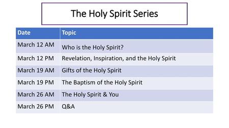 The Holy Spirit Series Date Topic March 12 AM Who is the Holy Spirit?