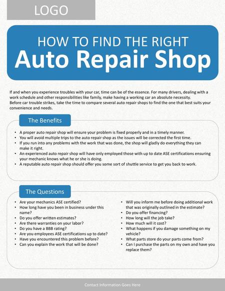 Auto Repair Shop LOGO HOW TO FIND THE RIGHT The Benefits The Questions