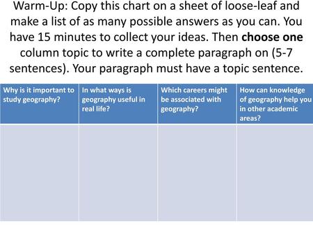 Warm-Up: Copy this chart on a sheet of loose-leaf and make a list of as many possible answers as you can. You have 15 minutes to collect your ideas. Then.
