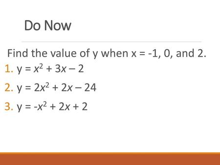 Do Now Find the value of y when x = -1, 0, and 2. y = x2 + 3x – 2