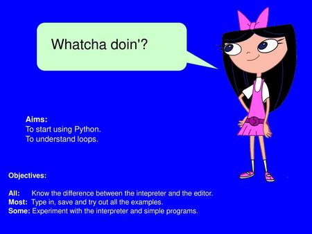 Whatcha doin'? Aims: To start using Python. To understand loops.
