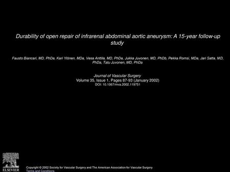Durability of open repair of infrarenal abdominal aortic aneurysm: A 15-year follow-up study  Fausto Biancari, MD, PhDa, Kari Ylönen, MDa, Vesa Anttila,