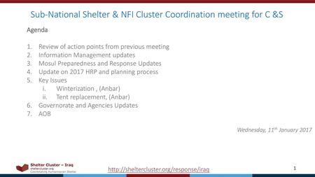 Sub-National Shelter & NFI Cluster Coordination meeting for C &S
