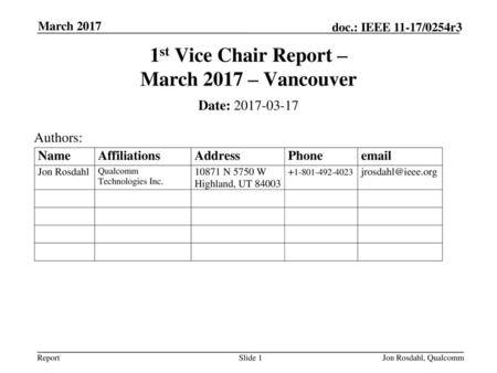 1st Vice Chair Report – March 2017 – Vancouver