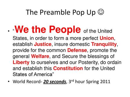 The Preamble Pop Up  “We the People of the United States, in order to form a more perfect Union, establish Justice, insure domestic Tranquility, provide.